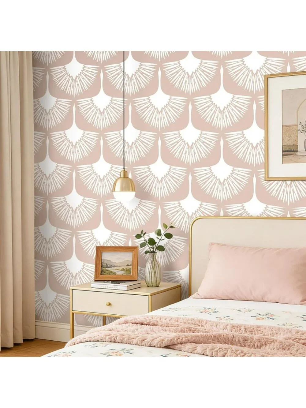 Modern Boho Pink Peel and Stick Wallpaper - Art Deco Crane Design, Renter